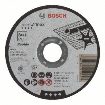 Bosch Отрезной круг, прямой, Expert for Inox - Rapido AS 60 T INOX BF, 115 мм, 1,0 мм (2608600545)